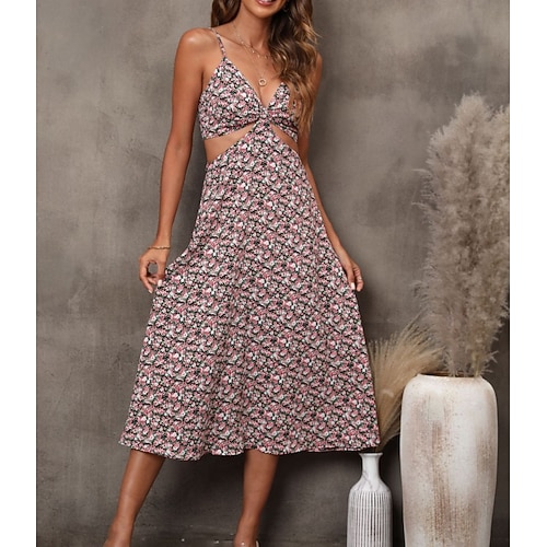 

Women's Swing Dress Knee Length Dress Black Sleeveless Floral Backless Patchwork Print Summer Spaghetti Strap Casual Vacation Fashion 2022 S M L XL