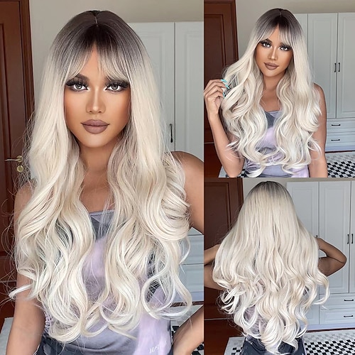 

HAIRCUBE Hair Brown-White Long Wavy Wigs Natural Wave Ombre Wigs With Bangs Daily