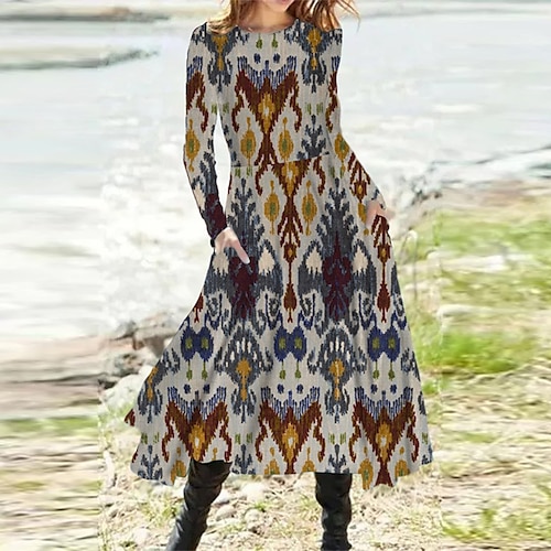 

Women's A Line Dress Midi Dress Blue Khaki Royal Blue Long Sleeve Floral Geometric Pocket Print Fall Spring Round Neck Casual Vacation 2022 S M L XL XXL 3XL