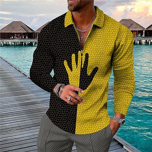 

Men's Collar Polo Shirt Golf Shirt Hand Turndown Yellow 3D Print Outdoor Street Long Sleeve Zipper Print Clothing Apparel Fashion Designer Casual Breathable / Summer / Spring / Summer