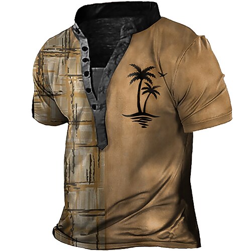 

Men's Henley Shirt Tee T shirt Tee 3D Print Graphic Patterned Coconut Tree Stand Collar Daily Sports Button-Down Print Short Sleeve Tops Basic Casual Classic Big and Tall Brown / Summer