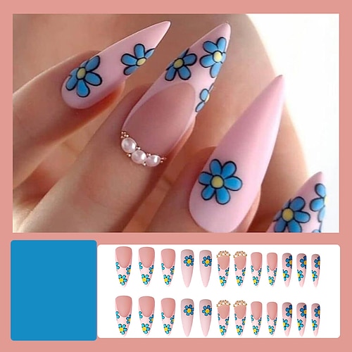 

Pearl Point Drill Small Daisy Frosted Coffin Nails Super Long Water Drop Wearing Nails