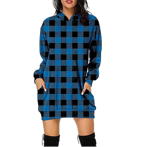 

Women's Pullover Hoodie Dress Plaid Checkered Pocket Print Casual Daily 3D Print Active Streetwear Long Clothing Apparel Hoodies Sweatshirts Green Blue