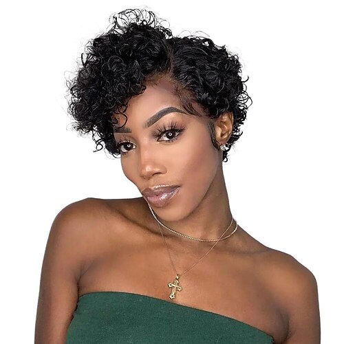 

Short 13x4x1 T Part Lace Front Wig Side Part Brazilian Hair Deep Curly Wigs Pixie Cut Wig Colored Bob Curly Human Hair Brazilian Hair For Black Women Side Part Bob Hairstyle