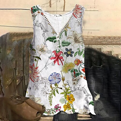 

Women's Plus Size Tops Tank Top Floral Zipper Print Sleeveless V Neck Streetwear Daily Holiday Cotton Spandex Jersey Spring Summer White