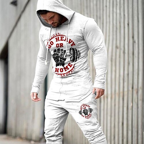 

Men's Tracksuit Hoodies Set Graphic Patterned Letter 2 Piece Print Sports Outdoor Casual Sports 3D Print Sportswear Basic Essential Hoodies Sweatshirts White Black Gray