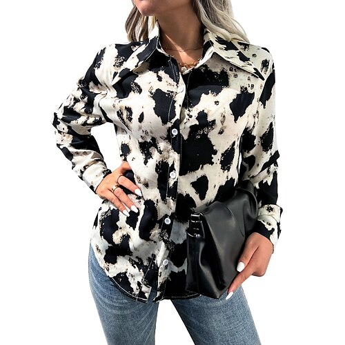 

Women's Blouse Tie Dye Daily Weekend Blouse Shirt Long Sleeve Button Print Shirt Collar Casual Streetwear Black S / 3D Print