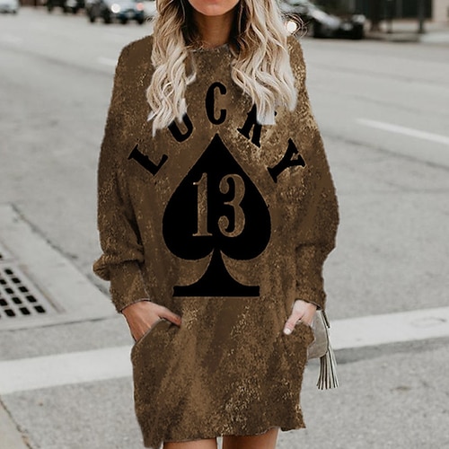 

Women's Shift Dress Short Mini Dress Gray Yellow Brown Long Sleeve Fall Print Letter Pocket Print Fall Winter Hooded Casual 2022 S M L XL XXL 3XL