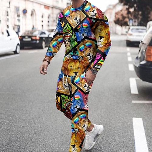 

Men's Tracksuit Hoodies Set Graphic Patterned Animal 2 Piece Print Sports Outdoor Casual Sports 3D Print Sportswear Basic Essential Hoodies Sweatshirts Yellow Khaki Brown