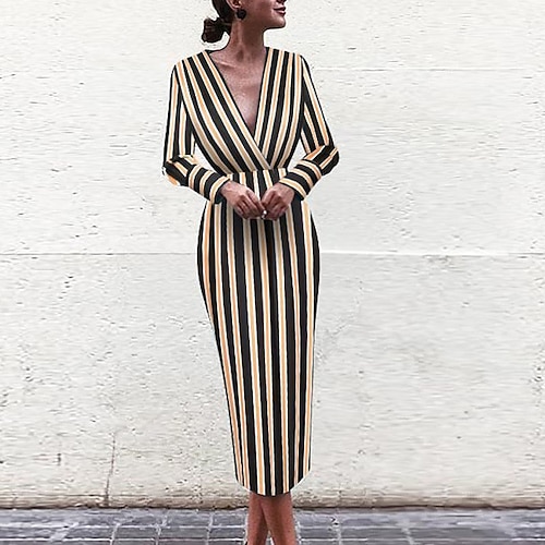 

Women's Bodycon Knee Length Dress Yellow Long Sleeve Fall Striped Print Spring Summer V Neck Elegant Modern Mature 2022 S M L XL