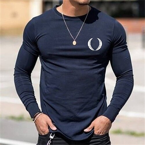 

Men's T shirt Tee Hot Stamping Graphic Patterned Crew Neck Street Daily Print Long Sleeve Tops Casual Comfortable Navy Blue