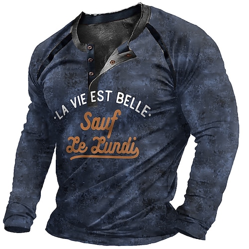 

Men's Henley Shirt Tee T shirt Tee 3D Print Graphic Patterned Letter Plus Size Henley Daily Sports Patchwork Button-Down Long Sleeve Tops Designer Basic Casual Classic Blue