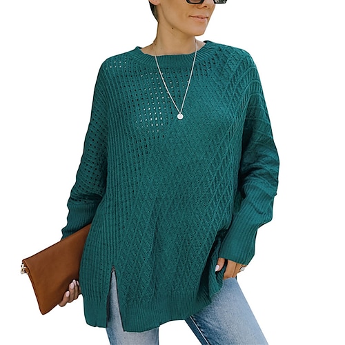 

Women's Pullover Sweater Jumper Crochet Waffle Knit Tunic Split Knitted Solid Color Crew Neck Stylish Casual Daily Going out Drop Shoulder Fall Winter Green Black S M L / Long Sleeve / Regular Fit