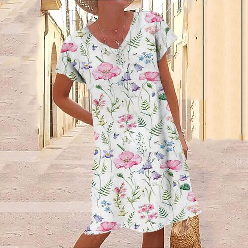 

Women's Shift Dress Knee Length Dress White Short Sleeve Floral Print Spring Summer V Neck Casual Vacation 2022 S M L XL XXL 3XL