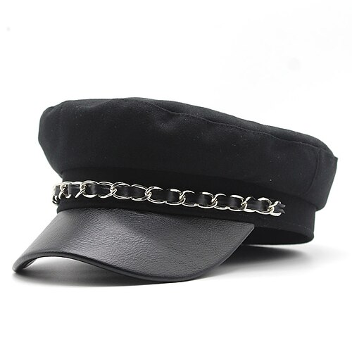 

New Autumn Winter Pu Chain Flat Top Hat Solid Casual Men Hat Short Brim Beret Cap for Women Party Accessories