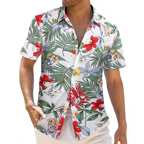 

Men's Shirt 3D Print Floral Graphic Patterned Turndown Street Daily 3D Button-Down Short Sleeve Tops Casual Fashion Breathable Comfortable Green / White
