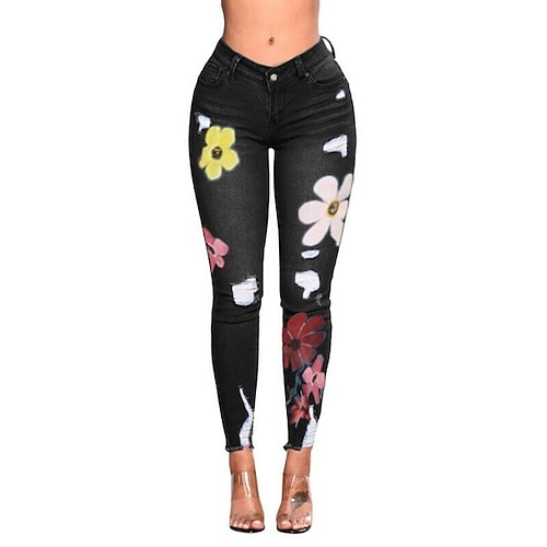 

Women's Pants Trousers Jeans Distressed Jeans Jeggings Denim Dark Blue Light Blue Black Mid Waist Fashion Casual Weekend Side Pockets Cut Out Micro-elastic Ankle-Length Comfort Flower / Floral S M L