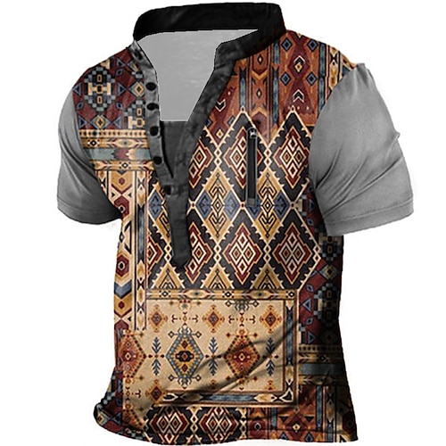 

Men's T shirt Tee Henley Shirt Tee Graphic Argyle Stand Collar Brown 3D Print Plus Size Outdoor Daily Short Sleeve Zipper Button-Down Clothing Apparel Basic Boho Designer Casual / Summer / Summer