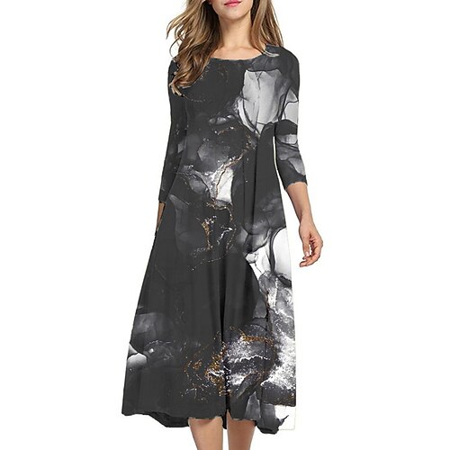 

Robe mi-longue Femme Robe casual Manches 3/4 Hiver Automne Ruché Imprimer Floral Dégradé de Couleur Col Ras du Cou 2022 Noir Rose Claire S M L XL XXL 3XL