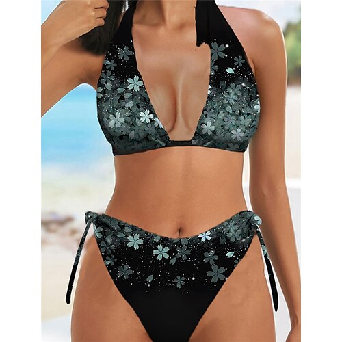 

Women's Swimwear Bikini 2 Piece Normal Swimsuit Halter Open Back Printing Floral Green Blue Purple Rosy Pink Gold Halter V Wire Bathing Suits Sexy Vacation Fashion / Modern / New
