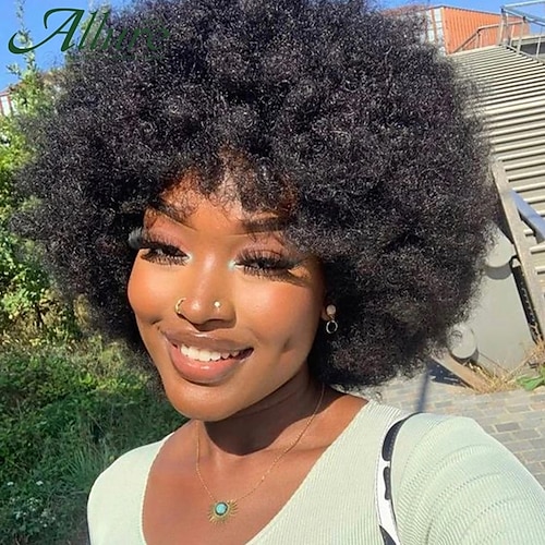 

Human Hair Wig Short Medium Length Afro Curly Afro Kinky Curly Layered Haircut Natural Cool Sexy Lady Natural Hairline Capless Brazilian Hair Women's Natural Black #1B 10 inch Daily Wear Party