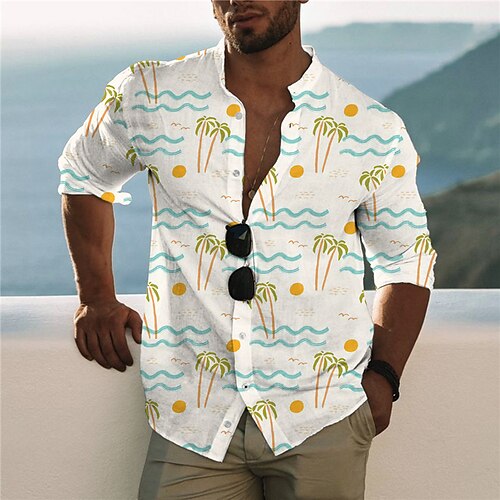 

Men's Shirt 3D Print Coconut Tree Stand Collar Street Casual Button-Down Print Long Sleeve Tops Designer Casual Fashion Breathable White