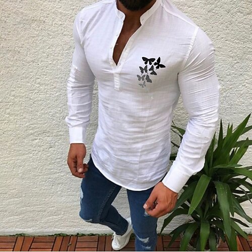 

Men's Casual Shirt Butterfly Solid Color Round Neck Casual Daily Button-Down Print Long Sleeve Tops Casual Fashion Beach White Black Gray