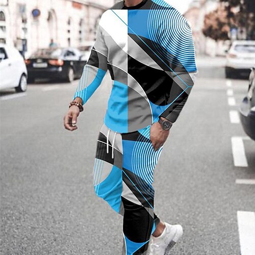 

Men's Tracksuit Hoodies Set Graphic Patterned Geometric 2 Piece Print Sports Outdoor Casual Sports 3D Print Sportswear Basic Essential Hoodies Sweatshirts Blue Army Green Orange