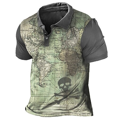 

Men's Collar Polo Shirt Golf Shirt Graphic Map Turndown Light Green 3D Print Street Daily Short Sleeve 3D Button-Down Clothing Apparel Fashion Casual Breathable Comfortable / Beach