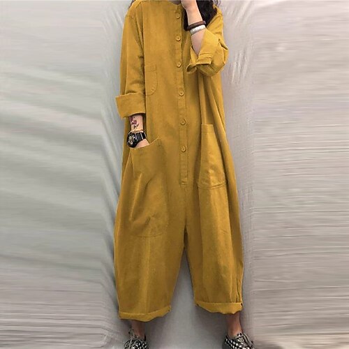 

Women's Jumpsuit Pocket Button Solid Color Stand Collar Basic Street Going out Regular Fit Long Sleeve Black Yellow Brown M L XL Fall