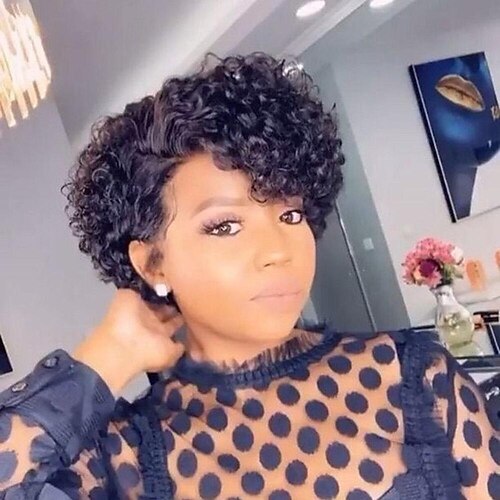 

Short Human Hair Wigs Curly Wave Side Part Bob Pixie Cut Brazilian Remy Human Hair Deep Curly 13x4x1Lace Front Wigs for Women