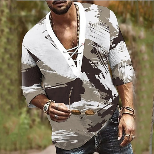 

Men's T shirt Tee 3D Print Graphic Patterned V Neck Street Daily Drawstring 3D Half Sleeve Tops Casual Fashion Comfortable White / Beach