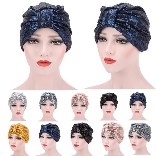 

Islamic Turban Caps Sequins Shimmer Glitter Indian Hats Muslim Inner Hijabs For Women Turbante Mujer Female Head Wraps Headdress