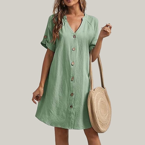 

Women's Shift Dress Knee Length Dress Green Half Sleeve Pure Color Button Spring Summer V Neck Casual Classic 2022 S M L XL XXL
