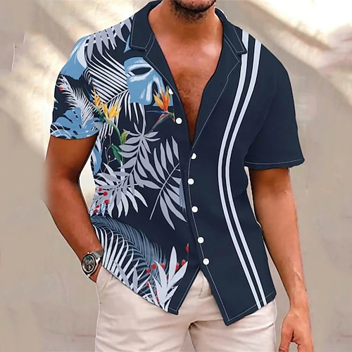 

Men's Shirt Graphic Shirt Leaves Turndown Navy Blue Print Street Daily Short Sleeve Button-Down Print Clothing Apparel Fashion Designer Casual Breathable