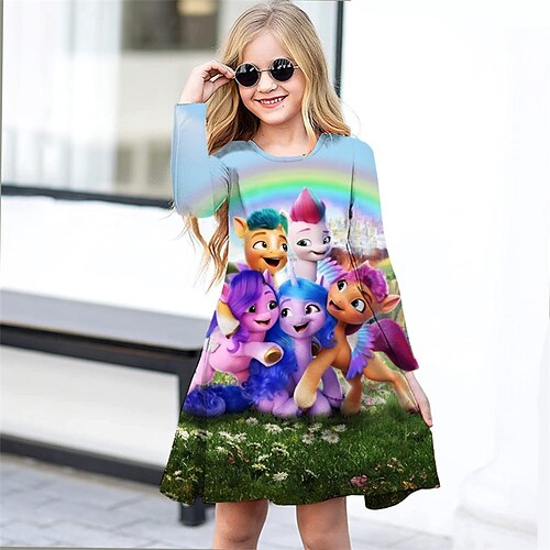 

Kids Little Girls' Dress Cartoon A Line Dress Daily Holiday Vacation Print Blue Above Knee Long Sleeve Casual Cute Sweet Dresses Fall Spring Regular Fit 3-12 Years