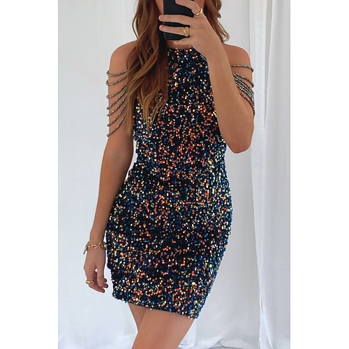 

Women's Bodycon Short Mini Dress White Blue Champagne Sleeveless Embroidery Pure Color Sequins Tassel Fringe Zipper Summer Round Neck Party 2022 S M L XL XXL