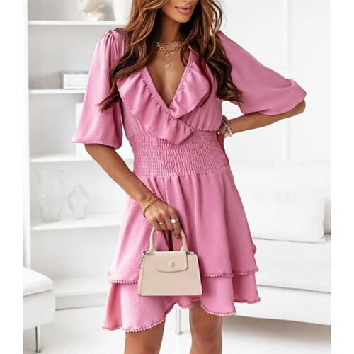 

Women's A Line Dress Short Mini Dress Red Half Sleeve Solid Color Ruffle Fall Summer V Neck Elegant Fashion Modern 2022 XXL