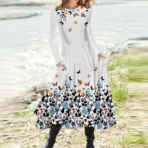 

Women's A Line Dress Midi Dress White Long Sleeve Butterfly Animal Pocket Print Fall Spring Round Neck Casual Vacation 2022 S M L XL XXL 3XL