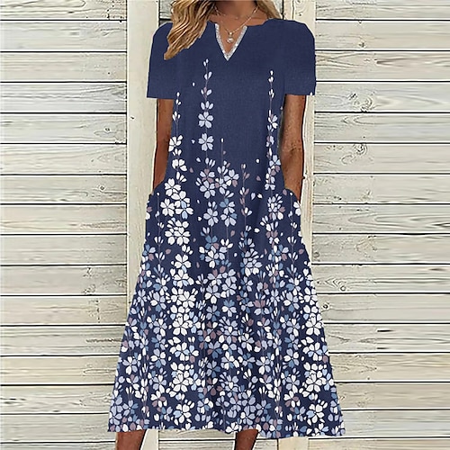 

Women's A Line Dress Midi Dress White Gray Navy Blue Short Sleeve Floral Pocket Print Spring Summer V Neck Casual Vacation 2022 S M L XL XXL 3XL