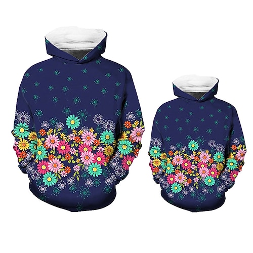 

Mommy and Me Hoodie Floral Butterfly Animal Sports Outdoor Print White Dark Blue Long Sleeve Active Matching Outfits