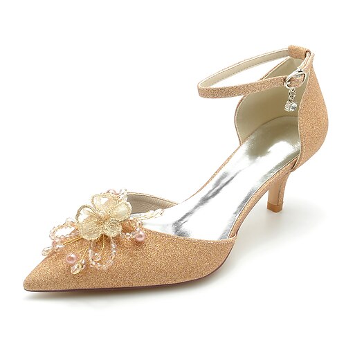

Women's Wedding Shoes Wedding Party Wedding Heels Bridal Shoes Bridesmaid Shoes Summer Imitation Pearl Satin Flower Sparkling Glitter High Heel Pointed Toe Elegant Sweet Glitter Ankle Strap Solid