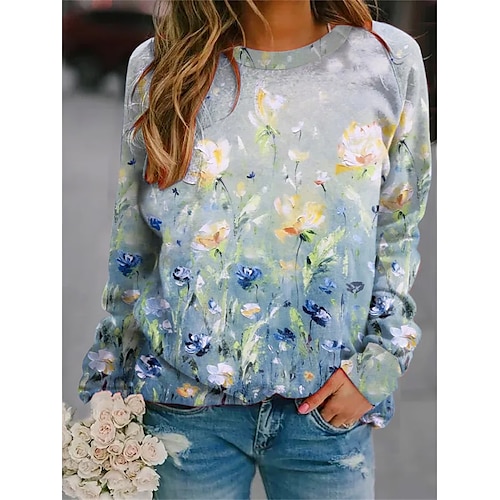 

Women's Sweatshirt Pullover Casual Print Blue Floral Loose Fit Casual Round Neck Long Sleeve Cotton S M L XL XXL 3XL / 3D Print