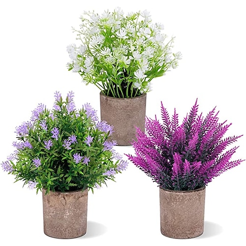 

Fake Plants, Artificial Potted Flowers Small Potted Plants, Mini Artificial Small Flower, 10"" Faux Greenery Plants Indoor, Lavender Pot for Garden Lawn Balcony Office Home Decoration