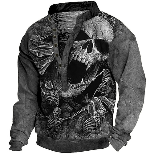 

Hombre Sudadera Pull-over Sudadera con capucha y botones Gris Escote en Pico Graphic Cráneos Estampado Diario Festivos Noche Impresión 3D Ropa de calle Casual Otoño invierno Ropa Sudaderas con capucha