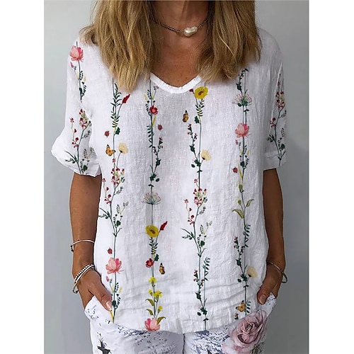 

Women's Blouse Shirt White Floral Patchwork Print Short Sleeve Casual Daily Casual V Neck Regular Loose Fit S / 3D Print