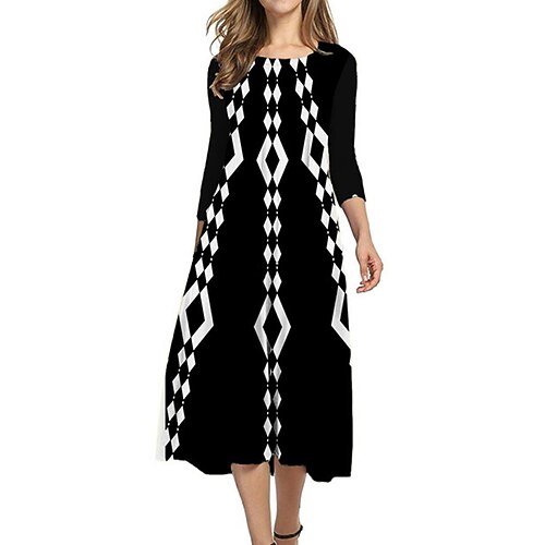 

Women's Shift Dress Midi Dress Black 3/4 Length Sleeve Geometric Ruched Print Fall Spring Round Neck Casual Vacation 2022 S M L XL XXL 3XL