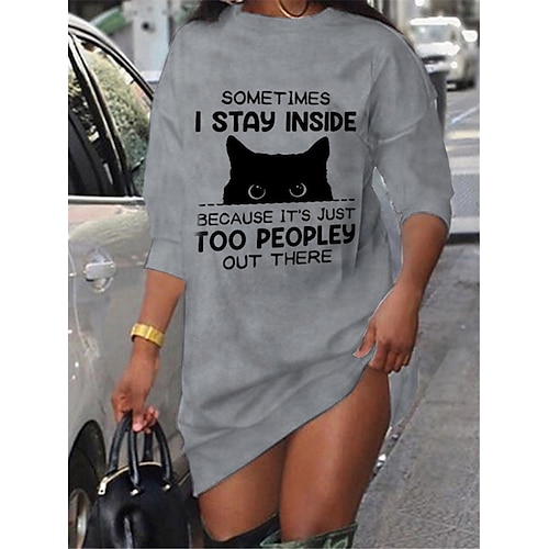 

Women's Shift Dress Short Mini Dress Gray Yellow Long Sleeve Cat Letter Animal Print Fall Spring Crew Neck Casual Fashion 2022 S M L XL XXL 3XL