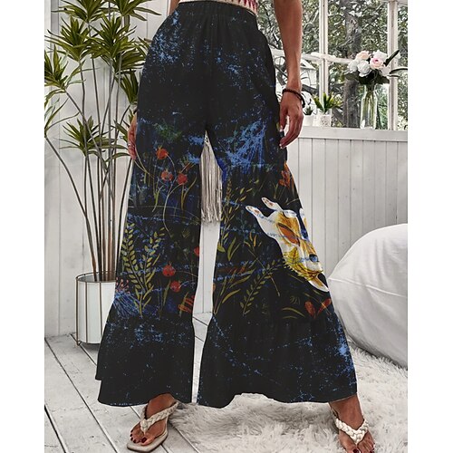 

Women's Flare Culottes Wide Leg Chinos Pants Trousers Black Mid Waist Fashion Casual Weekend Ruffle Baggy Micro-elastic Full Length Comfort Flower / Floral S M L XL / Loose Fit / Print