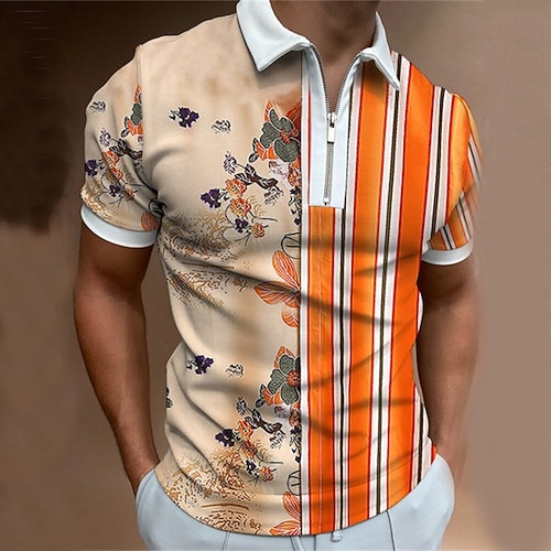 

Men's Collar Polo Shirt Golf Shirt Striped Turndown Orange 3D Print Street Daily Short Sleeve Zipper 3D Clothing Apparel Fashion Casual Breathable Comfortable / Beach